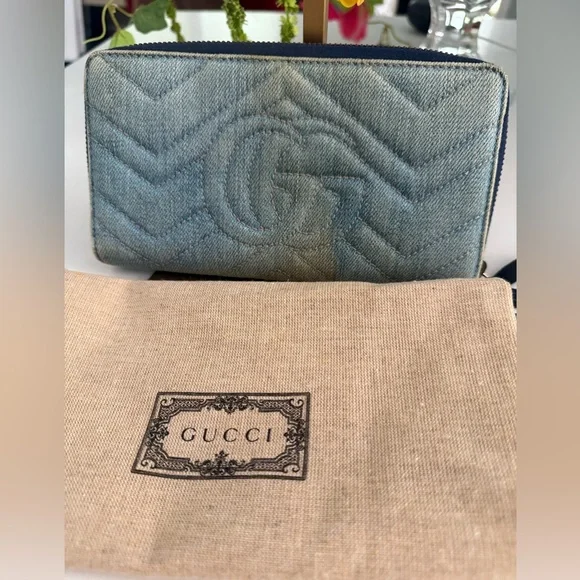 Gucci GG Marmont Floral Embroidered Matelasse Denim Zip Around Wallet - Picture 10 of 13